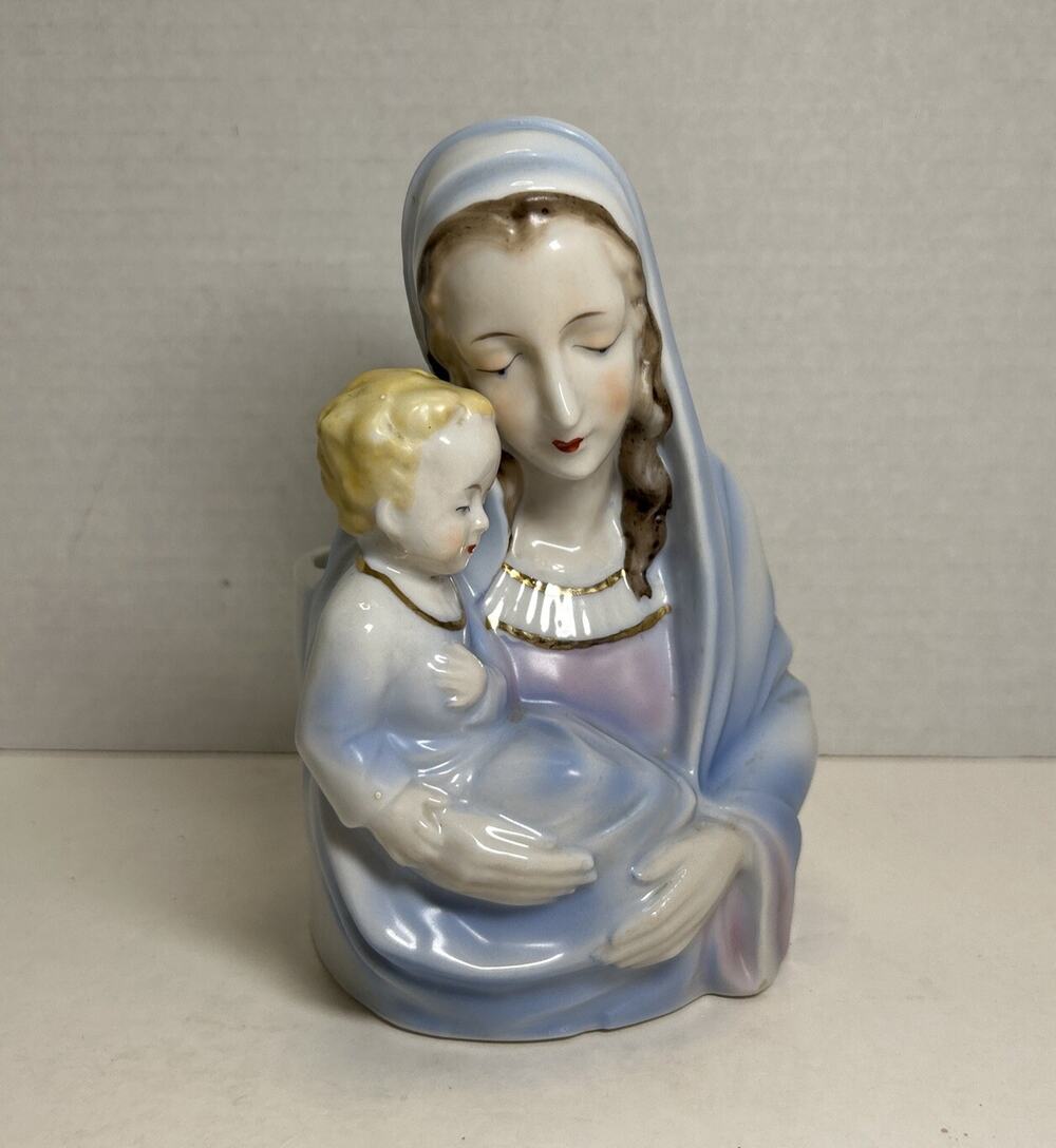 Vtg Mother Mary, Baby Jesus Ceramic Planter/ Vase Japan Religious Holy Family